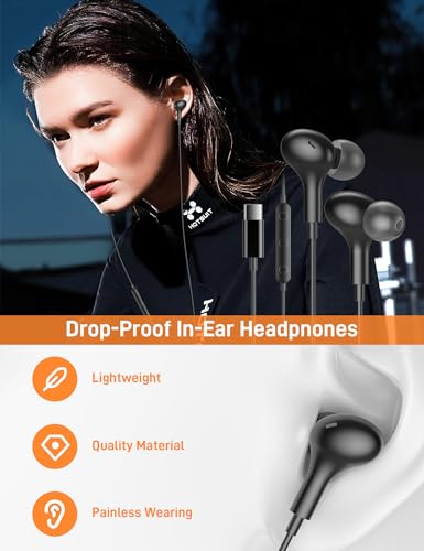 USB C Headphones for Apple/iPhone Duo 18 17 16 15 Wired Earbuds with Case - color: Black