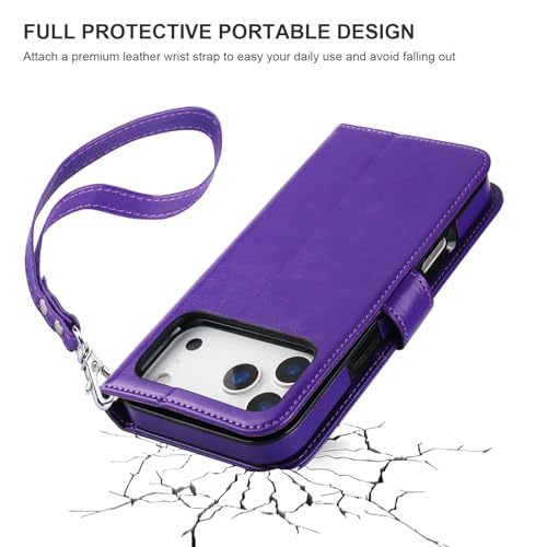 Bocasal Detachable Wallet Case Card Holder for iPhone 17 Pro Max Purple | RFID Blocking Kickstand Card Slots Holder PU Leather Magnetic Shockproof Wrist Strap Removable Flip Protective Cover 6.9 inch - color: Purple
