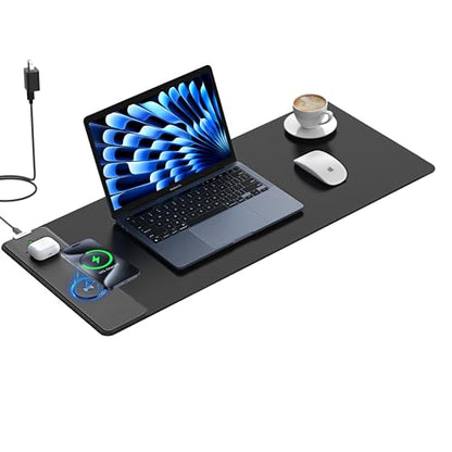 Mouse Pad with 15W Wireless Charging, 31.5"x11.81" XL Large Desk Mat - color: Black-31.5"x11.8"-Adapter