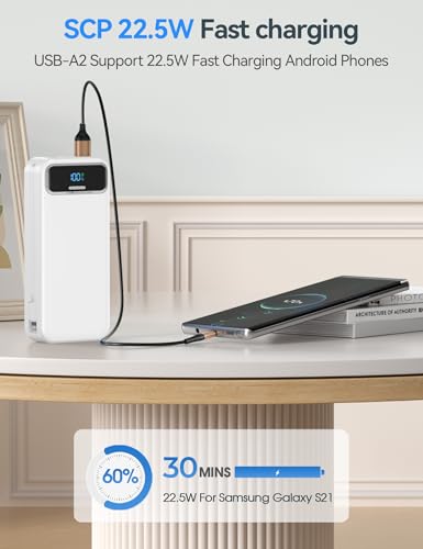 aonidi Portable Charger 20000mAh with Built-in Cables&AC Wall Plug, White - color: Pearl