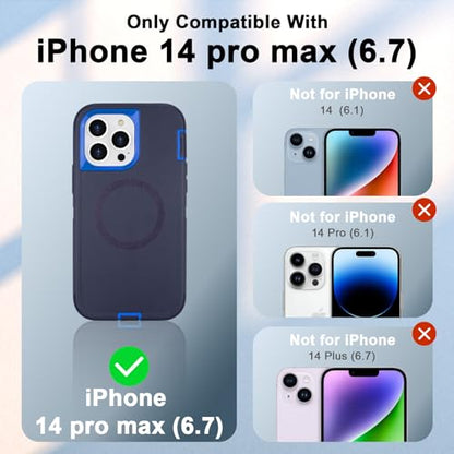 Magnetic for iPhone 14 Pro Max Case with Belt Clip and Kickstand | Military Grade Drop Protection Case for iPhone 14 Pro Max, with 360°Rotating Kickstand, Navy Blue 6.7" - color: Navy+Blue