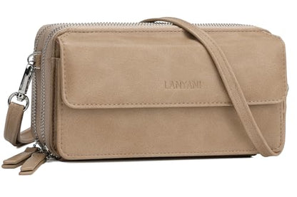 RFID Crossbody Wallet Wristlet Purse with Phone Pocket For Women Vegan Leather - color: Beige