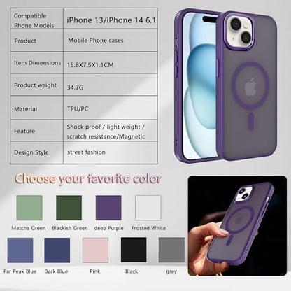 Magnetic iPhone 14/13 case,Compatible with Magsafe, Military-Grade Protection,Slim Translucent Matte Shockproof with Anti-Scratch Anti-Fingerprint Phone Cover (deep Purple, iPhone 14/13) - color: Deep Purple, size: iPhone 14/13