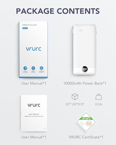 VRURC 3-in-1 Portable Charger, Built-in Cord & Foldable Wall AC Plug-White