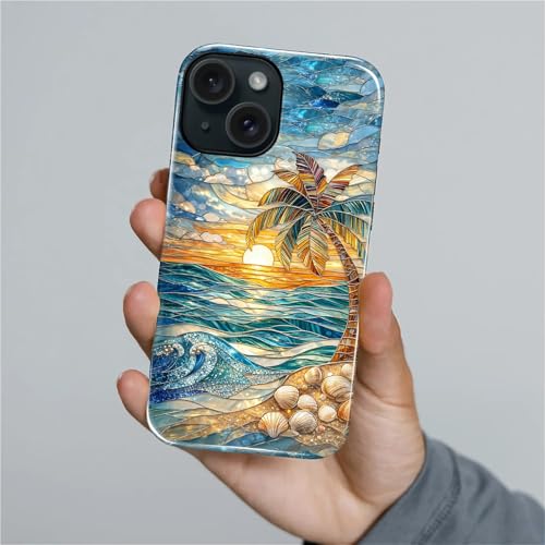 Case for iPhone 15, Dual Layer Phone Cover, Stained Glass Beach Palm | Shockproof Hybrid Phone Case, Soft TPU and Hard PC, Durable Anti-Scratch Protection - color: Stained Glass Beach Palm, size: Iphone 15