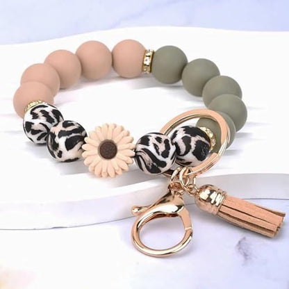 Silicone Beaded Phone Wrist Strap, Phone Wristlet Strap with Tether Tab, Elastic Hands-Free Daisy Wristlet Bracelet(Leopard) - color: Daisy Leopard