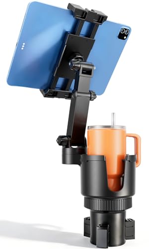 OHLPRO Cup Holder Tablet Mount for Car, Anti-Shake iPad Stand with Drink Holder Fits 4.7-12.9" iPad, Tab S10, iPhone, Heavy Duty Truck Vehicle Auto Accessories, Dual Handle Slots Large Mugs - size: 4.7-12.9'' Clamp+3.5''Cup