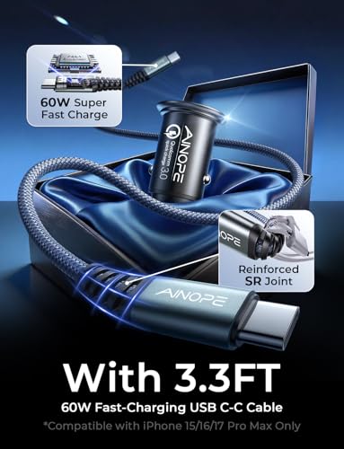 AINOPE 67.5W Car Charger USB C Fast Charge, iPhone 18 pro max Charger - color: Black - 3.3FT