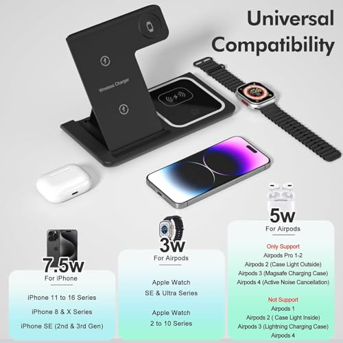 3 in 1 Wireless Charger Charging Station, Wireless Charger Stand for iPhone17 16e 16 15 14 Pro Max 13 12 11,Charging Dock for AirPods 4 3 2 Pro, Apple Watch 11/10/9/Ultra/8/SE/7/6/5/4/3