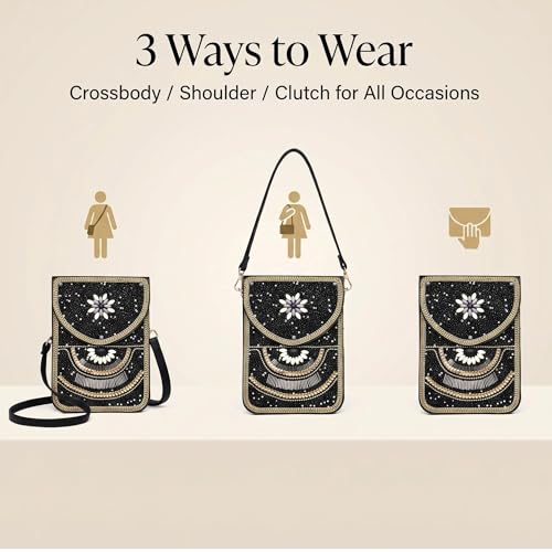 Small Crossbody Bags for Women, Cell Phone Shoulder Bag Boho Wallet Purse - color: Black-white
