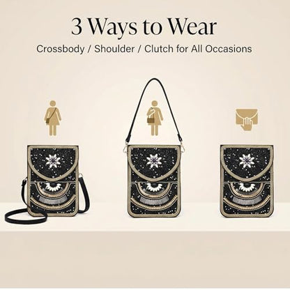 Small Crossbody Bags for Women, Cell Phone Shoulder Bag Boho Wallet Purse - color: Black-white