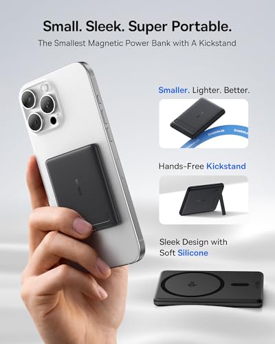 Baseus Picogo Power Bank, Smallest Qi2 Certified 15W MagSafe Portable Charger, 0.5" Ultra Slim 5000mAh Magnetic Battery Pack with Stand, Alloy Wireless Charger for iPhone 17 Pro Max/17 Air/16 Series - color: Black