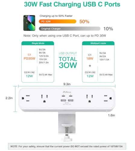 Mifaso PD30W Desk Clamp Power Strip, Surge Protector, Fast Charging Station - color: White, size: PD30W