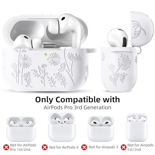 Lerobo for AirPods Pro 3 Case, Flower Engraved Soft Silicone Cover, White - color: A-White, size: AirPods Pro 3
