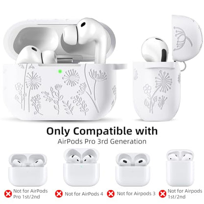 Lerobo for AirPods Pro 3 Case, Flower Engraved Soft Silicone Cover, White - color: A-White, size: AirPods Pro 3