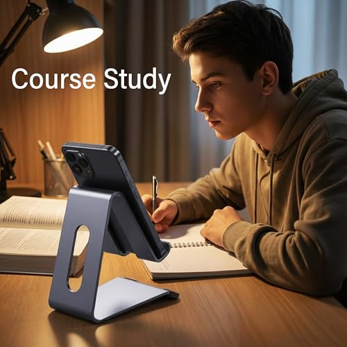 Phone Stand for Desk, Thickened Aluminum Cell Phone Stand & Phone Holder for Desk, Compatible with Tablets, iPhone, iPad, Samsung - Dark Gray - color: dark gray