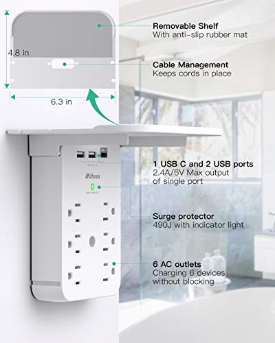 Wall Outlet Extender with Surge Protector, 6 AC Outlets, with Shelf - color: White, size: 3 USB