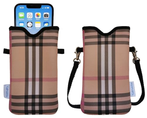 Tainada Neoprene Neck Phone Sleeve Pouch w/Crossbody Strap (Camel Plaid) | For Men/Women; lightweight neoprene pouch; Compatible with iPhone 17/16 Pro Max, 16e, 16/15 Plus; Samsung S26/S25, A57/A56 - color: Camel Plaid