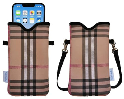 Tainada Neoprene Neck Phone Sleeve Pouch w/Crossbody Strap (Camel Plaid) | For Men/Women; lightweight neoprene pouch; Compatible with iPhone 17/16 Pro Max, 16e, 16/15 Plus; Samsung S26/S25, A57/A56 - color: Camel Plaid