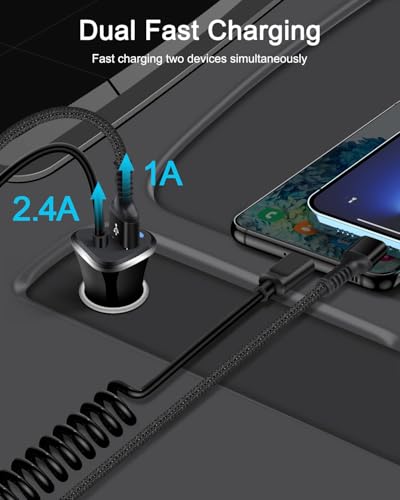 iPhone 18 17e USBC Car Charger with Built-in 3ft Coiled Cable Fast Charging - color: Black Coiled Charger