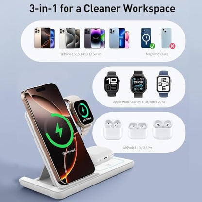 3-in-1 Wireless Fast Charging Station Foldable Stand Compact Design for Phones, Watches and Earbuds for Home Office Travel-Black - color: Black