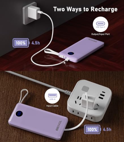 Portable Charger, 10000mAh Power Bank Built-in 4 Cables, Travel Essential - color: Lilac