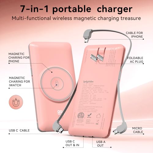 Magnetic 10000mAh Portable Charger for iWatch & iPhone, PD Fast Charging Wireless Power Bank Built-in Cables and Wall Plug, External Travel Battery Pack Compatible with iOS Android Phones - color: Pink