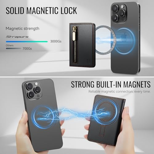 Strapurs Magnetic Card Holder Compatible with MagSafe Phones and Cases, PU Leather Phone Wallet for iPhone 17/16/15/14/13/12/Pro/Max/Plus/Air, 4 Card Slots RFID Blocking with Zipper Pocket - Black - color: Black