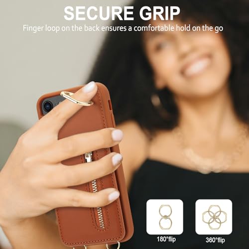 Crossbody Wallet Case for iPhone 7/8/SE 2020/SE 2022, with Card Slots Zipper Pocket Case, Flip Folio Purse RFID Blocking with Ring Kickstand Detachable Strap-Brown - color: Brown, size: iPhone 7/8/SE 2020/SE 2022 (4.7")