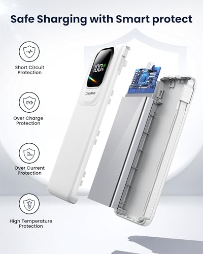 Portable Charger with Built-in Cables,22.5W Super Fast Charging Power Bank Slim Phone Charger,10000mAh Travel Battery Pack Battery Bank with Smart LED Display for iPhone, Android & USB-C - color: White