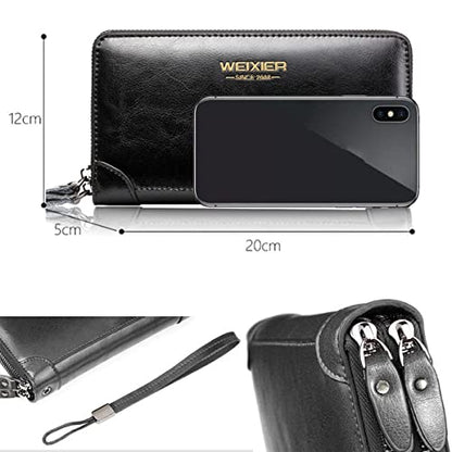 Large Wallet Clutch Long Leather Phone Purse Business Hand Clutch Bag Card Holder Travel Wallet for Men Women Father Husband - color: Double-Black