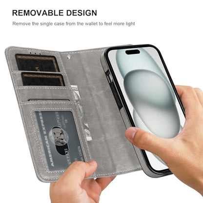 Bocasal Detachable Wallet Case Card Holder for iPhone 15, Grey | RFID Blocking Kickstand Card Slots Holder PU Leather Magnetic Shockproof Wrist Strap Removable Flip Protective Cover 6.1 inch - color: Gray