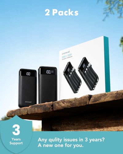 charmast 2 Pack Portable Charger, 10000mAh Power Bank Built-in Cables - color: Black+Black