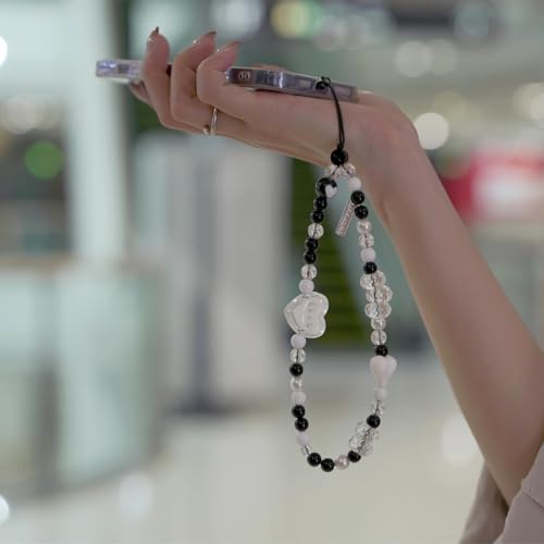 Elegant black bow beaded mobile phone charm -Stylish and lovely mobile wrist strap, cute accessories charm - Perfect for iPhone - style: White heart