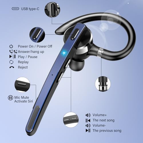 2026 Bluetooth Headset, Wireless Bluetooth 5.3 Earpiece, 90Hrs Single-Ear Headset with APTX HD Audio & Mute Button, Dual Noise Cancelling Mics, Hands Free Headphone for Trucker, Business, Gym, Blue - color: Navy Blue