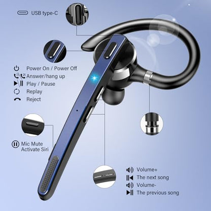 2026 Bluetooth Headset, Wireless Bluetooth 5.3 Earpiece, 90Hrs Single-Ear Headset with APTX HD Audio & Mute Button, Dual Noise Cancelling Mics, Hands Free Headphone for Trucker, Business, Gym, Blue - color: Navy Blue