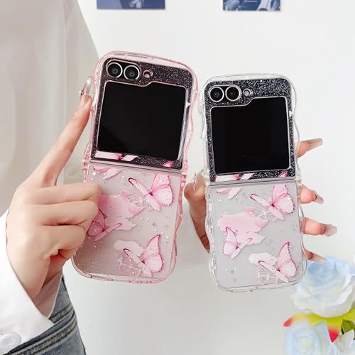 UEEBAI Wave Butterfly Case for Samsung Galaxy Z Flip 5/Z Flip 6/Z Flip 7 FE 5G Case, Pretty Bling Star Butterfly Cute Shiny Glitter Phone Cover Bling Clear Cover Curly Shockproof Girly - Blue - color: Blue, size: Z Flip 7 FE/Z Flip 6/Z Flip 5 5G