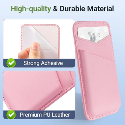 SHANSHUI 2 Pack Phone Wallets, Cell Phone Card Holder Premium Leather Credit Card Holder Stick on Compatible with iPhone, Most Smartphones - color: White+Pink
