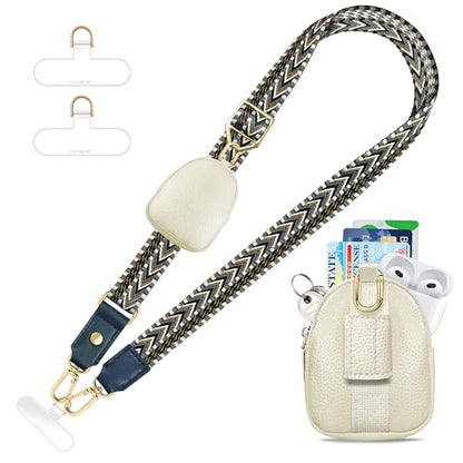 UKON Adjustable Phone Lanyard Crossbody Strap With Wallet Clip-and-Go Strap with Zippered Pouch Widened Phone String for iPhone Hands-Free for Travelling Concerts - color: Black+beige