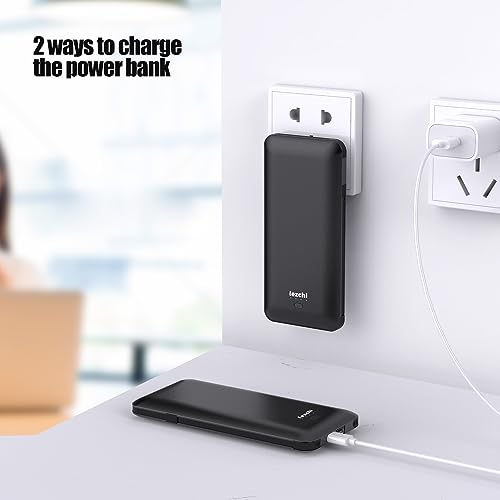 Portable Power Bank, Ultra Slim 10000mAh Portable Charger with Built in Cable, USB C External Battery Pack with Built-in AC Wall Plug Compatible with iPhone Smartphone Tablet… - color: Black