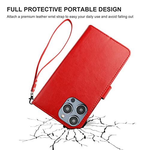 Bocasal Detachable Wallet Case Card Holder for iPhone 14 Pro Max Red | RFID Blocking Kickstand Card Slots Holder PU Leather Magnetic Shockproof Wrist Strap Removable Flip Protective Cover 6.7 inch - color: Red