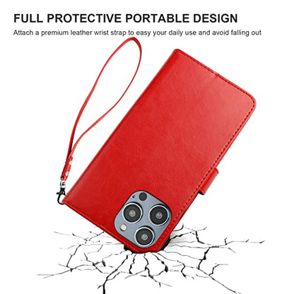 Bocasal Detachable Wallet Case Card Holder for iPhone 14 Pro Max Red | RFID Blocking Kickstand Card Slots Holder PU Leather Magnetic Shockproof Wrist Strap Removable Flip Protective Cover 6.7 inch - color: Red