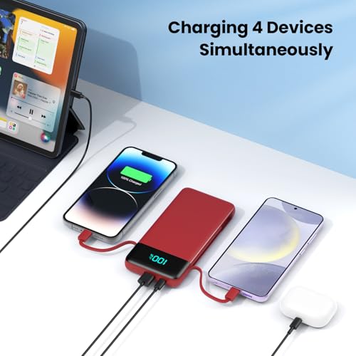Portable Charger for iPhone with Built in Cables and Wall Plug,Upgraded 13800mAh Fast Charging USB C Power Bank,4 Outputs Travel Essential Battery Pack Compatible with iPhone 15/14/13/12,Galaxy-Red - color: Red