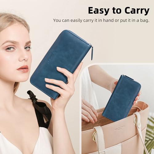 VISOUL Leather Long Zipper Pouch Wallet for Men and Women with RFID Blocking, Large Clutch Cash Long Wallet with Zipper (Navy Blue) - color: Navy Blue