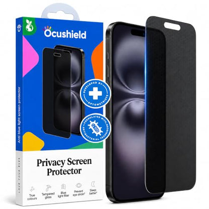 Ocushield Privacy Anti Blue Light Tempered Glass Screen Protector of iPhone 16 Pro Max (6.9") – Anti-Spy, Blocks Blue Light, Prevents Eye Strain & Helps You Sleep Better, 9H Hardness & Case Friendly - size: iPhone 16 Pro Max (6.9") - Privacy