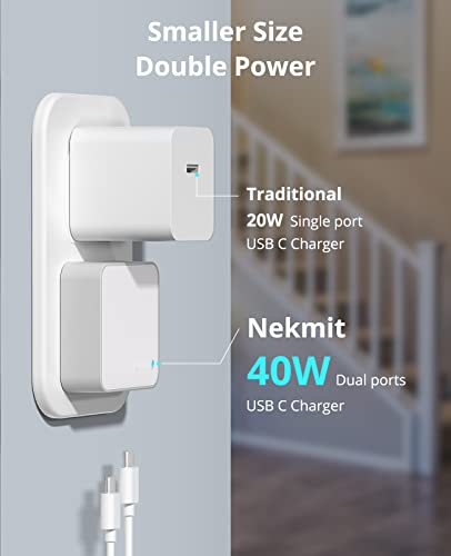 Nekmit Dual Port USB C Wall Charger, 40W PD Fast Charging USB C Wall Plug Adapter, Flat Thin Slim Charger Block for iPhone 17/17 Pro/17 Pro Max, Galaxy, MacBook Air, iPad, AirPods and More - color: White