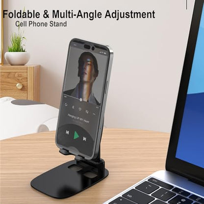 Cell Phone Stand Desktop and Magnetic Cable Clips Set, Foldable & Height Adjustable Phone Holder and Adhesive Wire Holder Keeper Organizer Compatible with All Phones