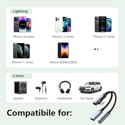 Right Angle 2-in-1 Lightning to 3.5mm Audio Aux Jack Headphone + Charge Cable Adapter iPhone,90 Degree Earphone Converter Splitter for Music+Charge+HiFi with iPhone 14 13 12 11【Apple MFi Certified】