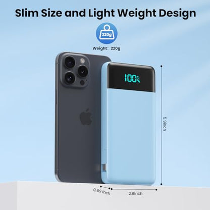 Portable Charger for iPhone with Built in Cables and Wall Plug,Upgraded 13800mAh Fast Charging USB C Power Bank,4 Outputs Travel Essential Battery Pack Compatible with iPhone 17/16/15/14,-Light Blue - color: Light Blue