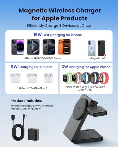 Magnetic Wireless Charging Station for Apple: Upgraded QI2 Certified 15W 3-in-1 Magsafe Wireless Charger Stand, Foldable Travel Fast Charger for iPhone 17 16 15 14 13 12 Series, Apple Watch, AirPods - color: Pure Black